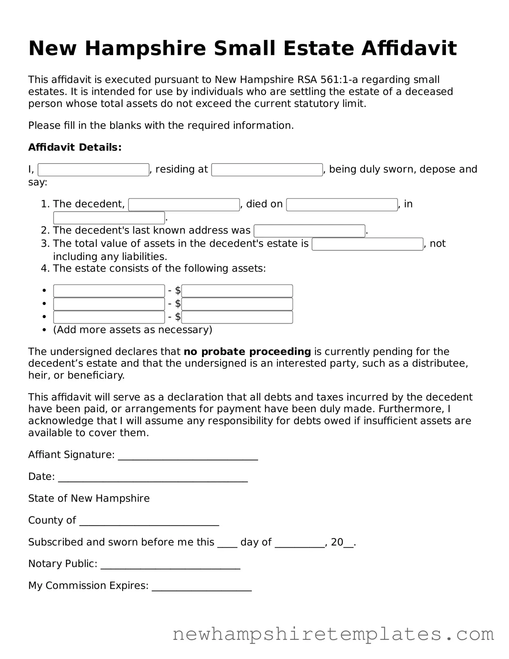 Official Small Estate Affidavit Form for the State of New Hampshire