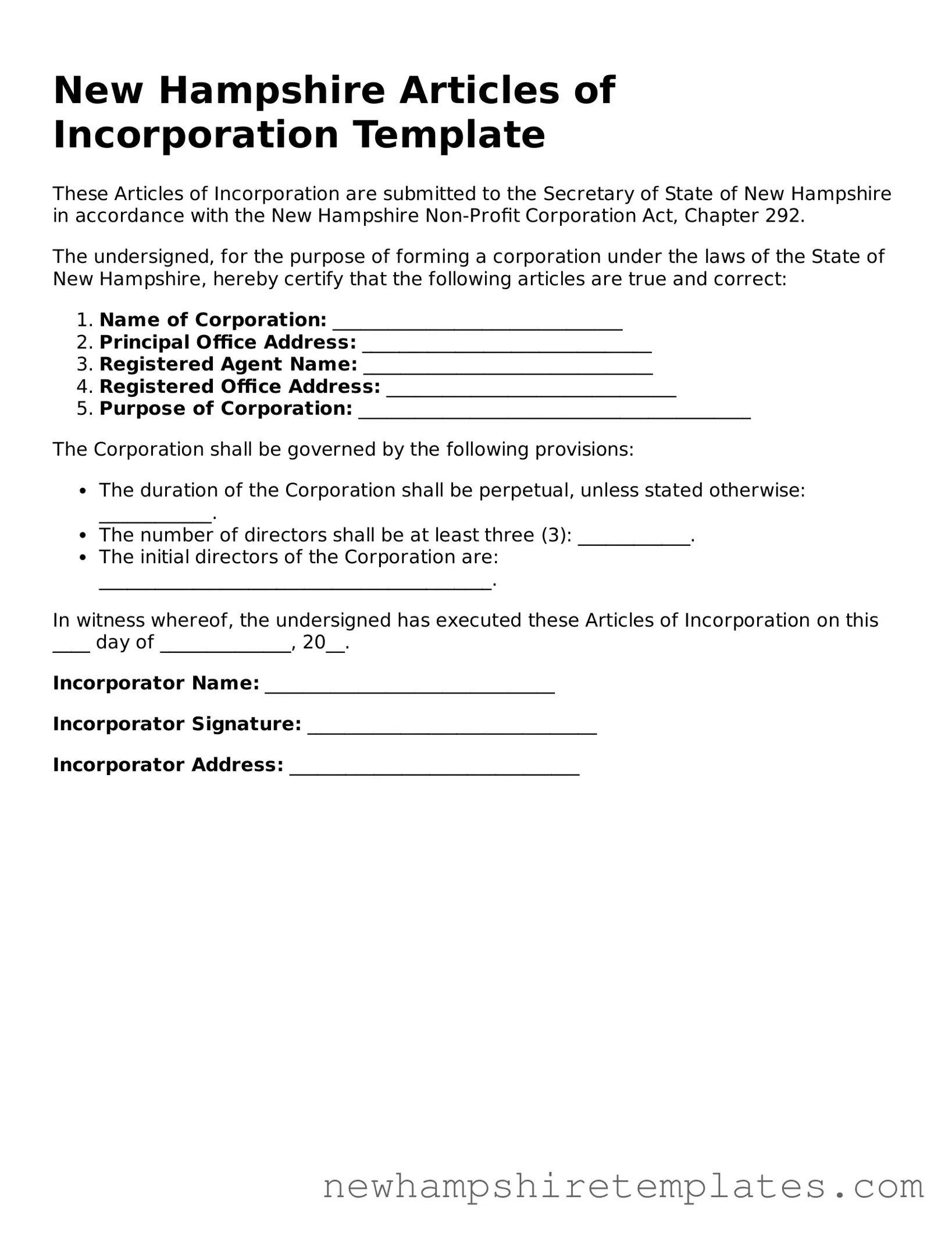Official Articles of Incorporation Form for the State of New Hampshire