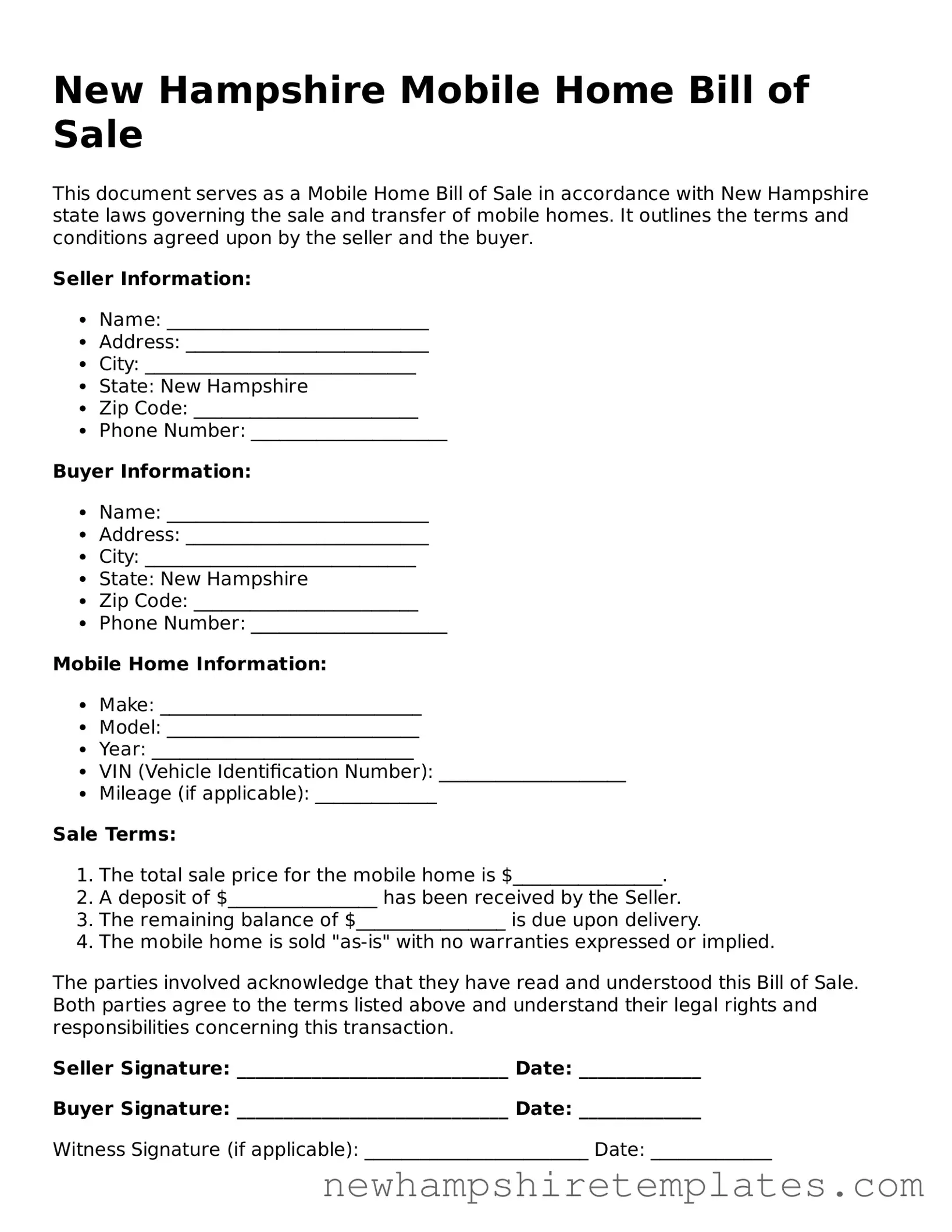 Official Mobile Home Bill of Sale Form for the State of New Hampshire