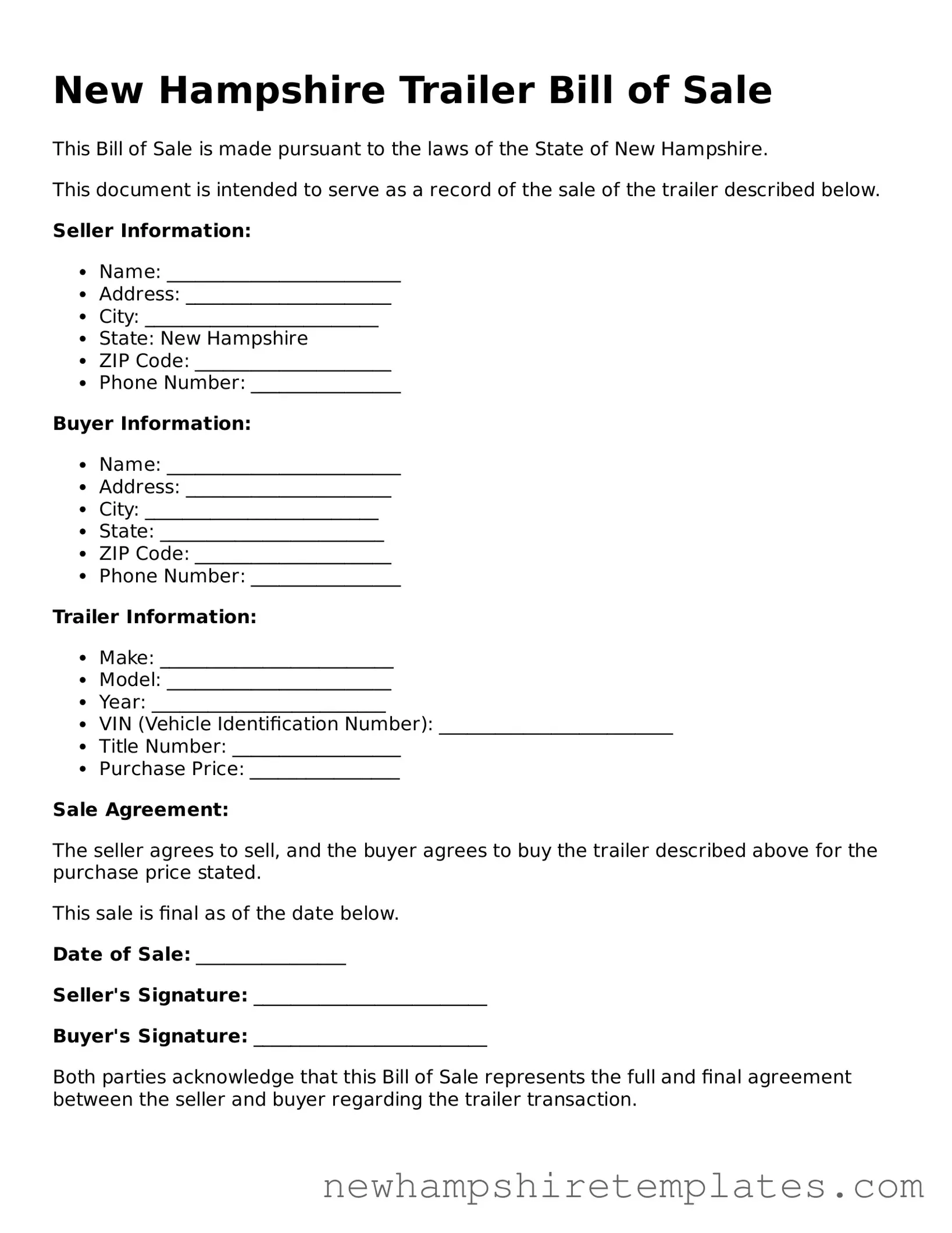 Official Trailer Bill of Sale Form for the State of New Hampshire