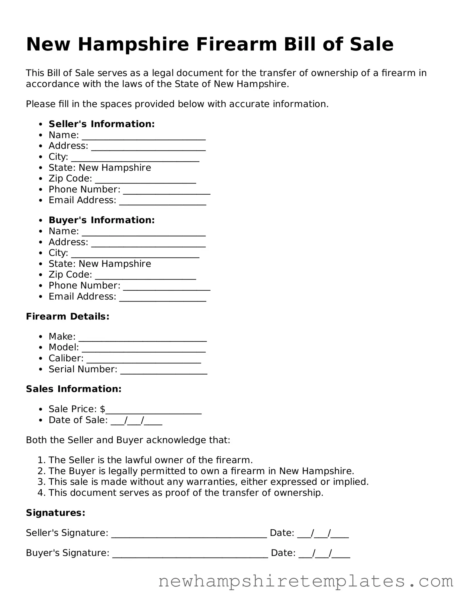 Official Firearm Bill of Sale Form for the State of New Hampshire