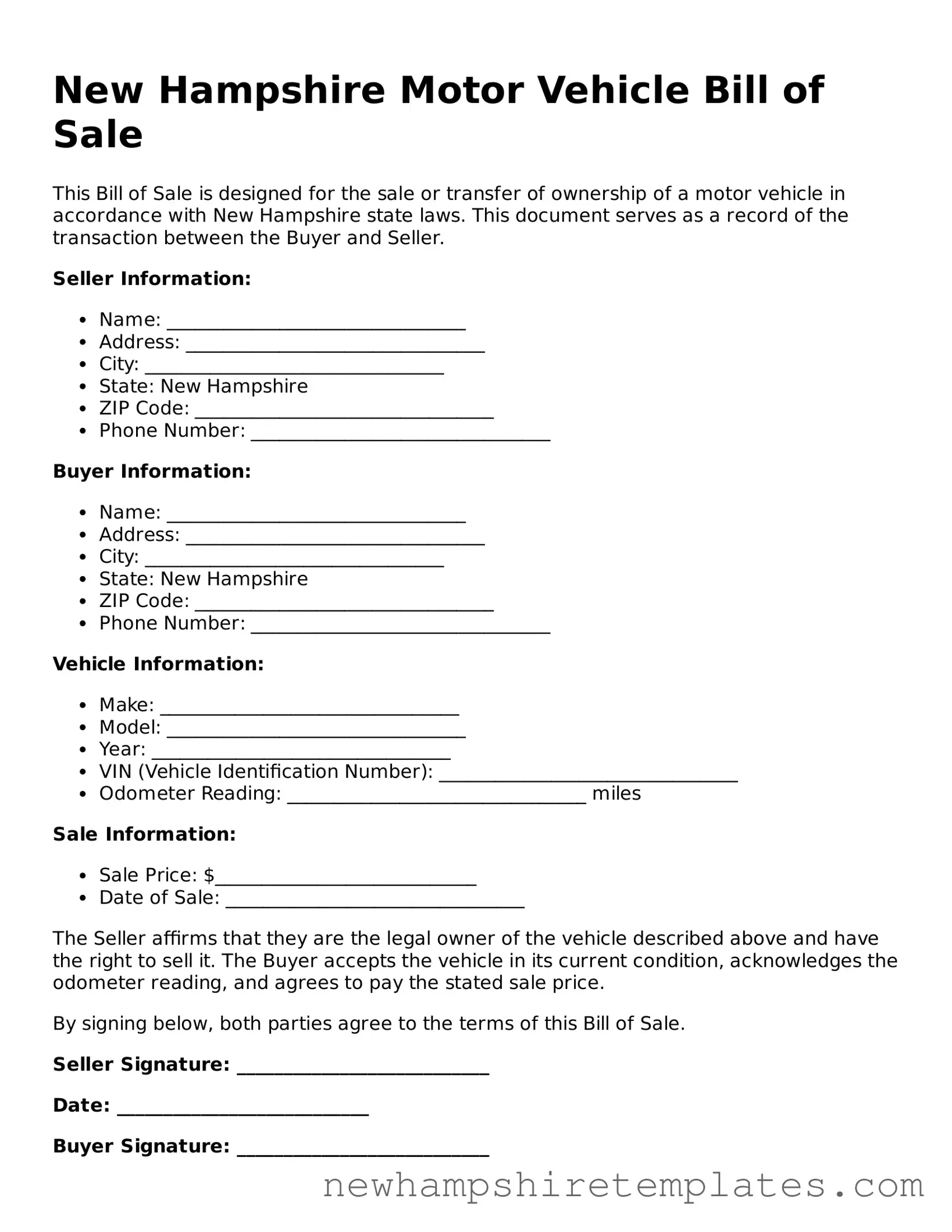Official Motor Vehicle Bill of Sale Form for the State of New Hampshire