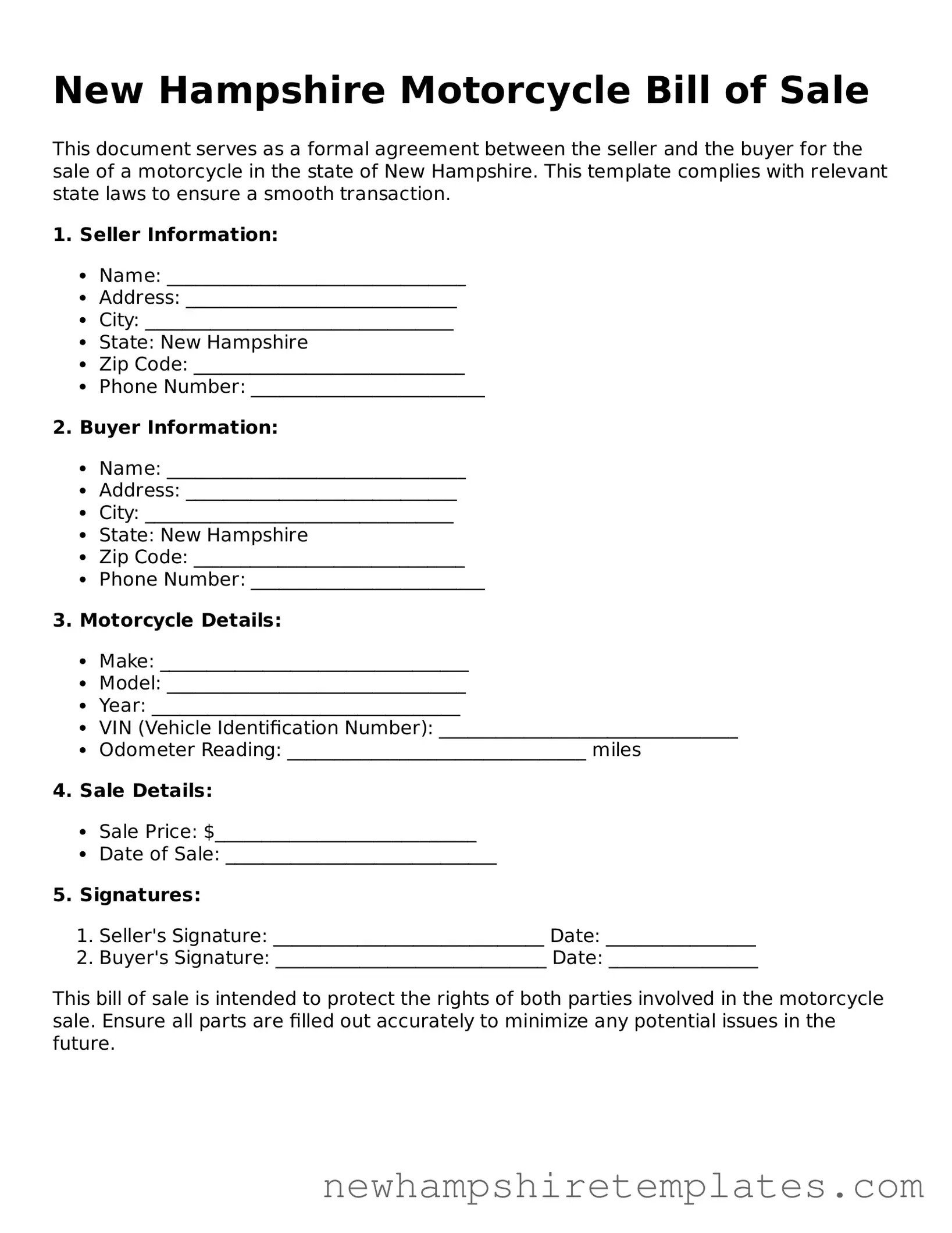 Official Motorcycle Bill of Sale Form for the State of New Hampshire