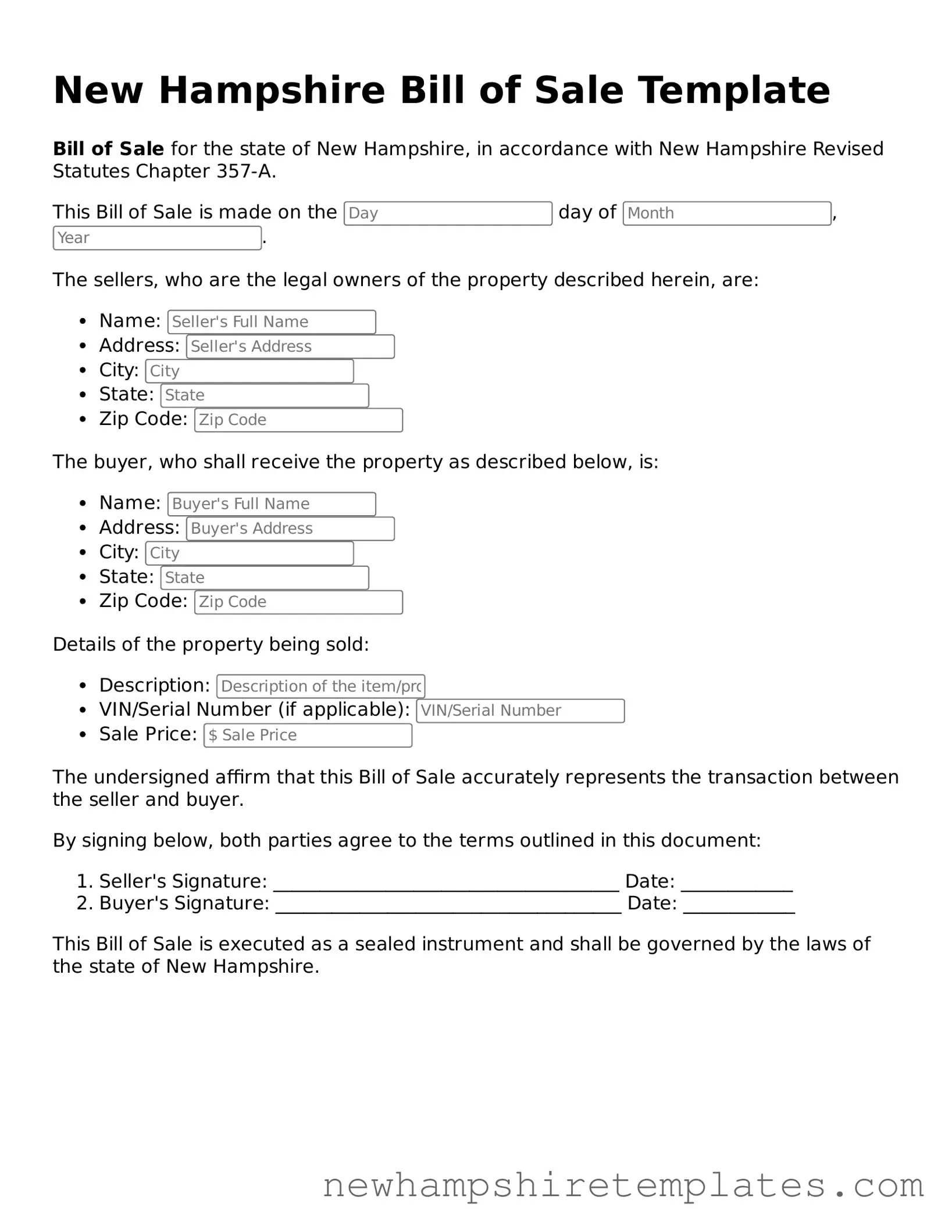 Official Bill of Sale Form for the State of New Hampshire