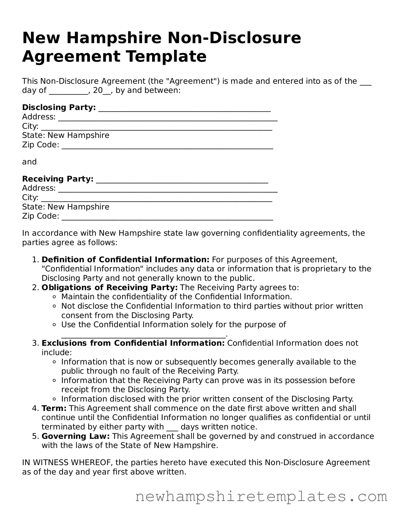Official Non-disclosure Agreement Form for the State of New Hampshire