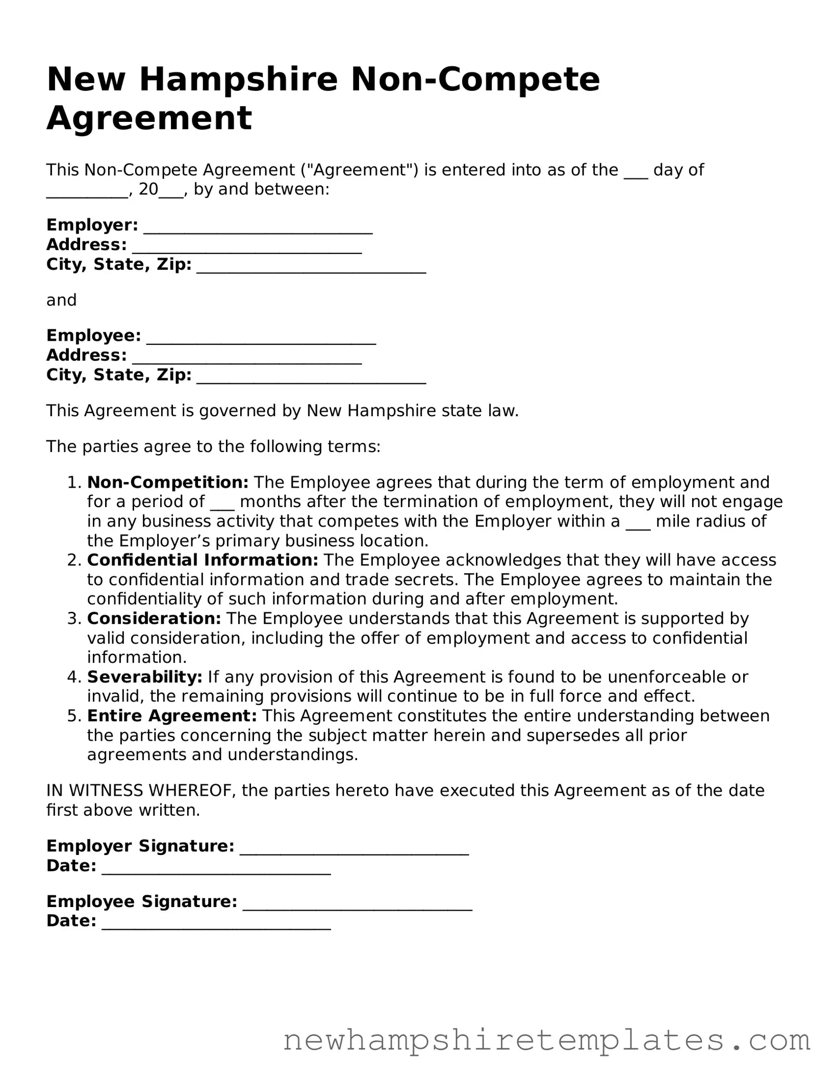 Official Non-compete Agreement Form for the State of New Hampshire
