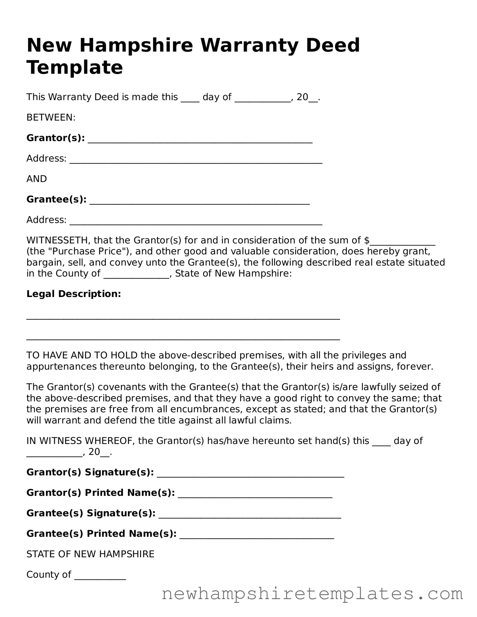 Official Deed Form for the State of New Hampshire