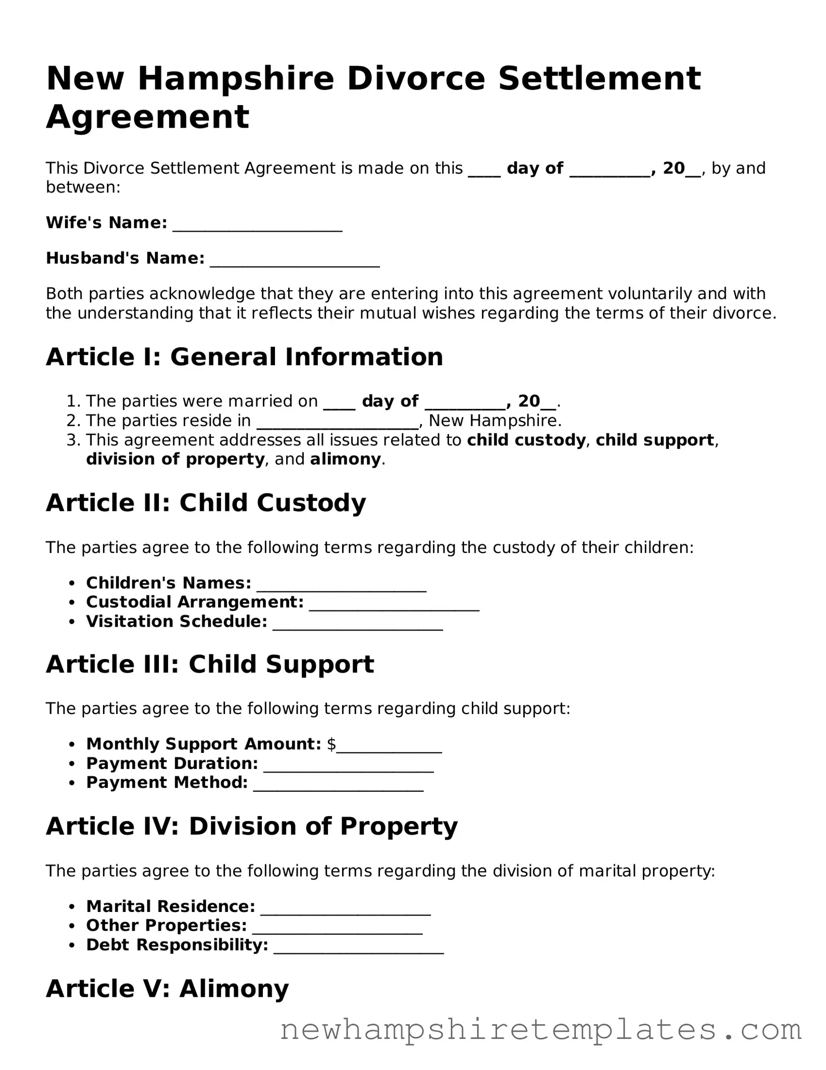 Official Divorce Settlement Agreement Form for the State of New Hampshire