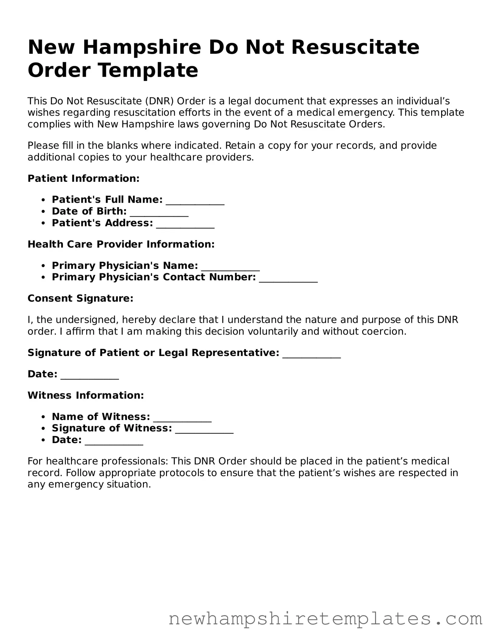 Official Do Not Resuscitate Order Form for the State of New Hampshire