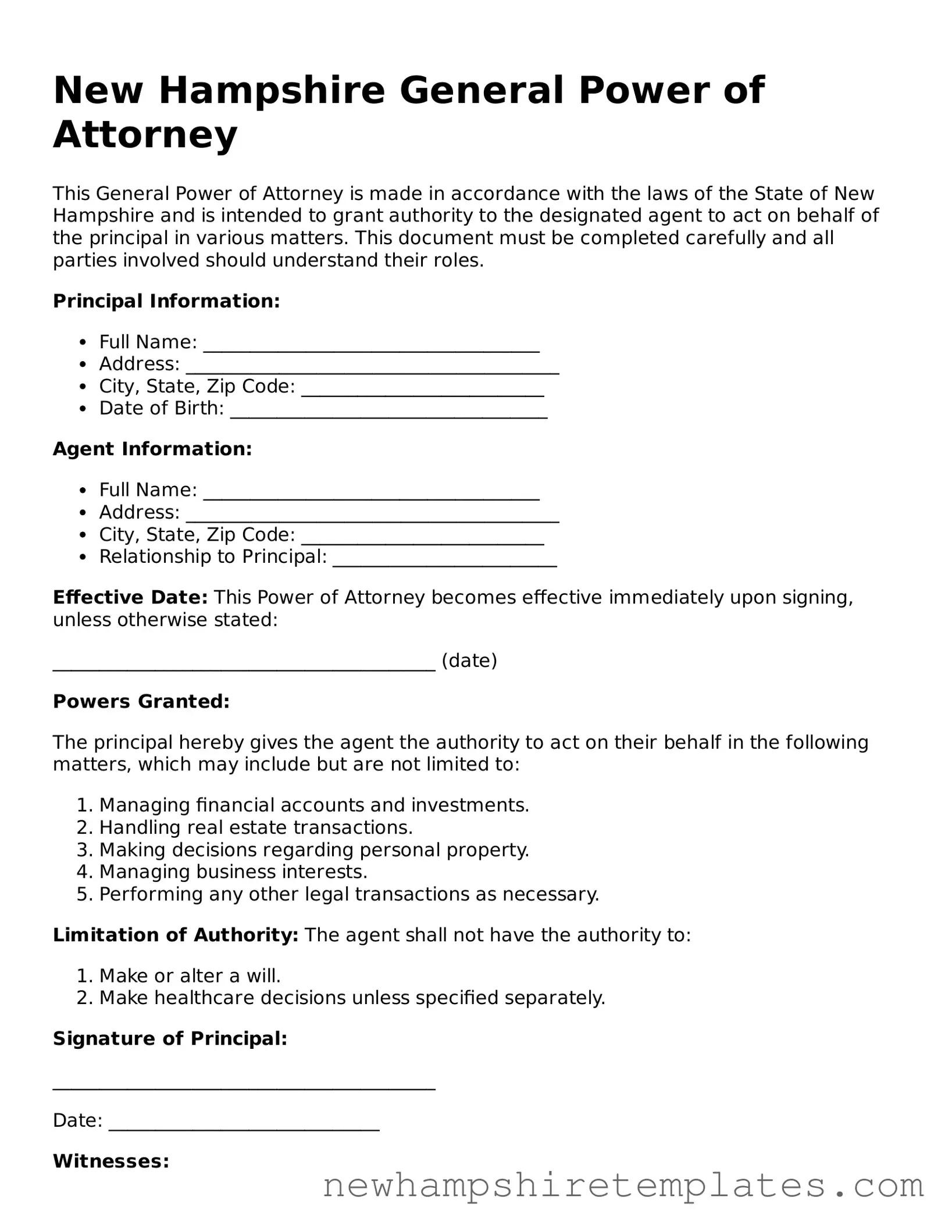 Official General Power of Attorney Form for the State of New Hampshire