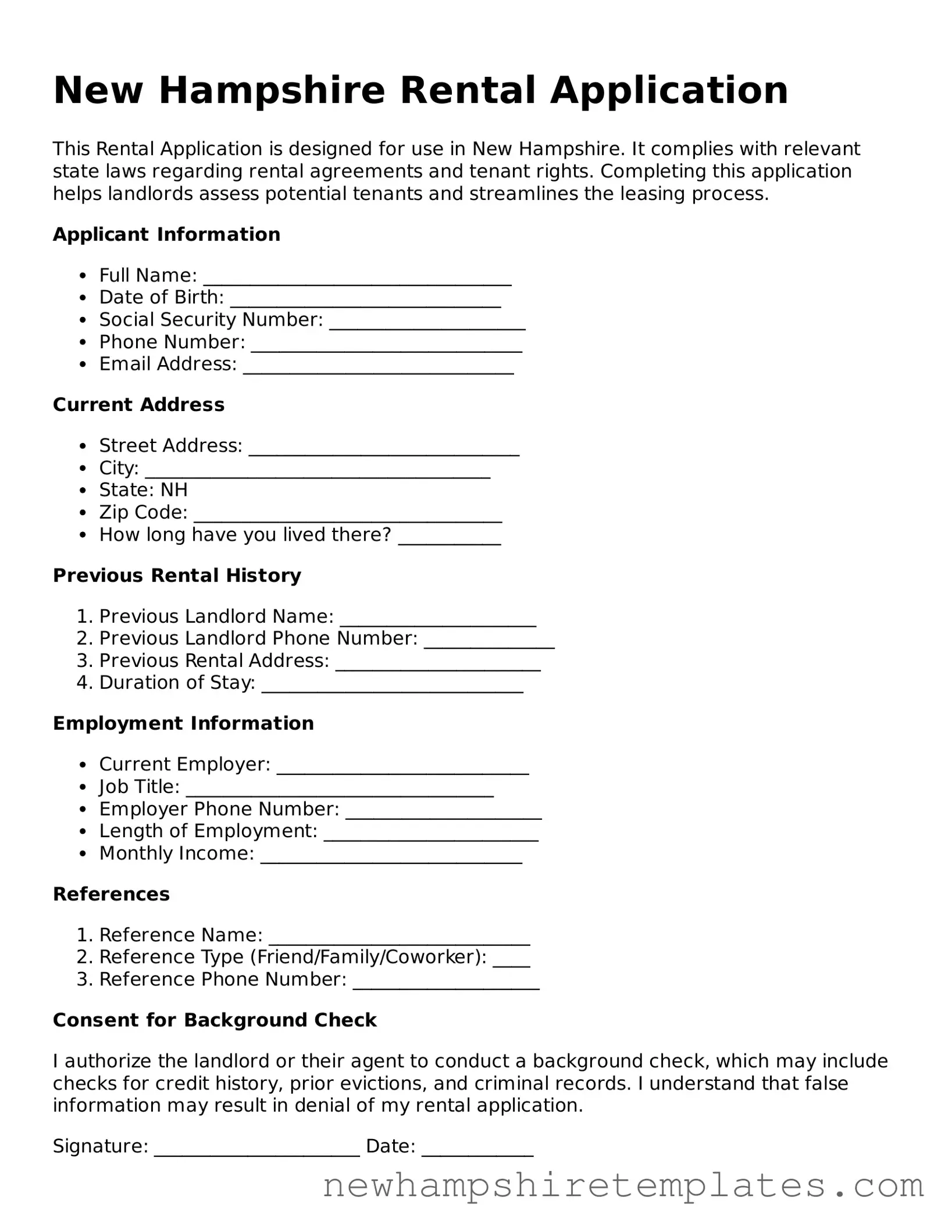 Official Rental Application Form for the State of New Hampshire