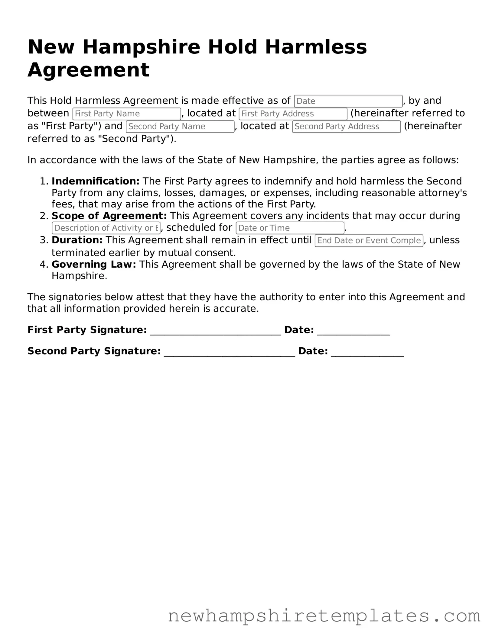 Official Hold Harmless Agreement Form for the State of New Hampshire