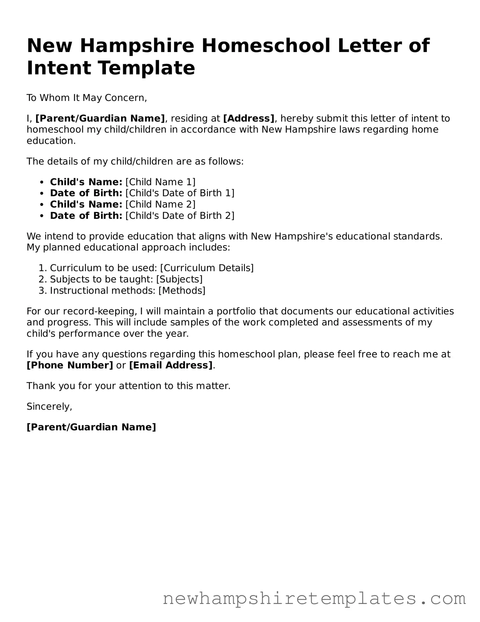 Official Homeschool Letter of Intent Form for the State of New Hampshire