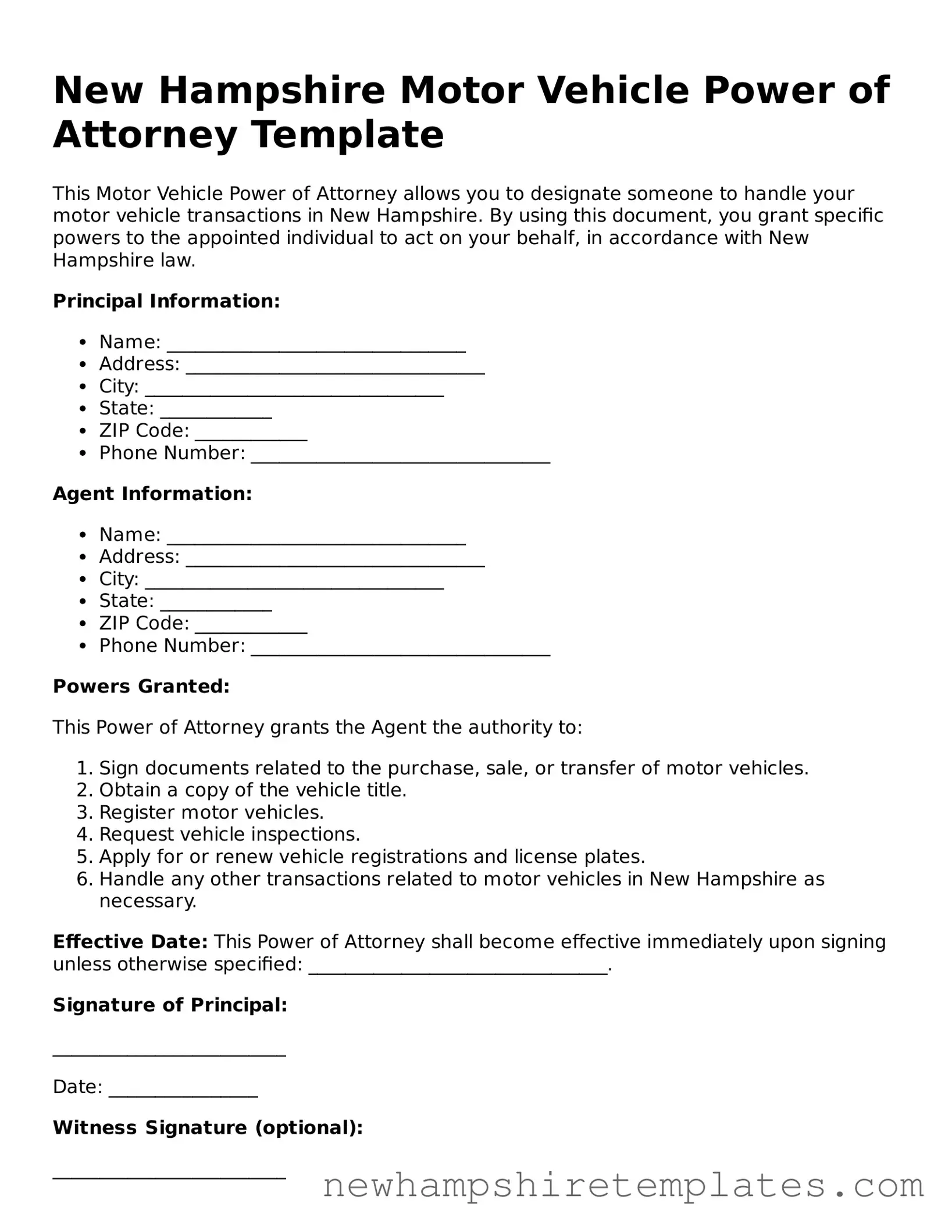 Official Motor Vehicle Power of Attorney Form for the State of New Hampshire