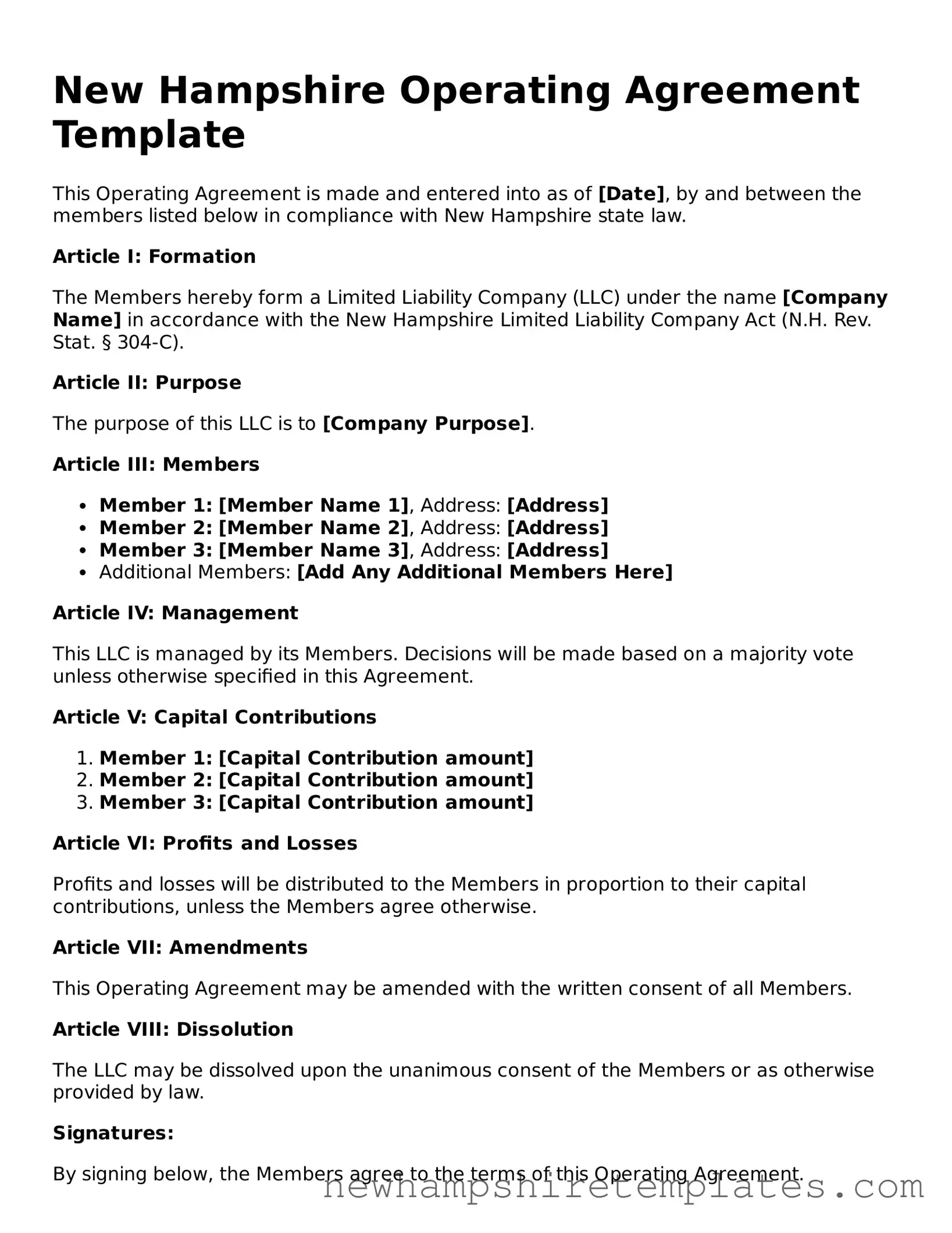 Official Operating Agreement Form for the State of New Hampshire