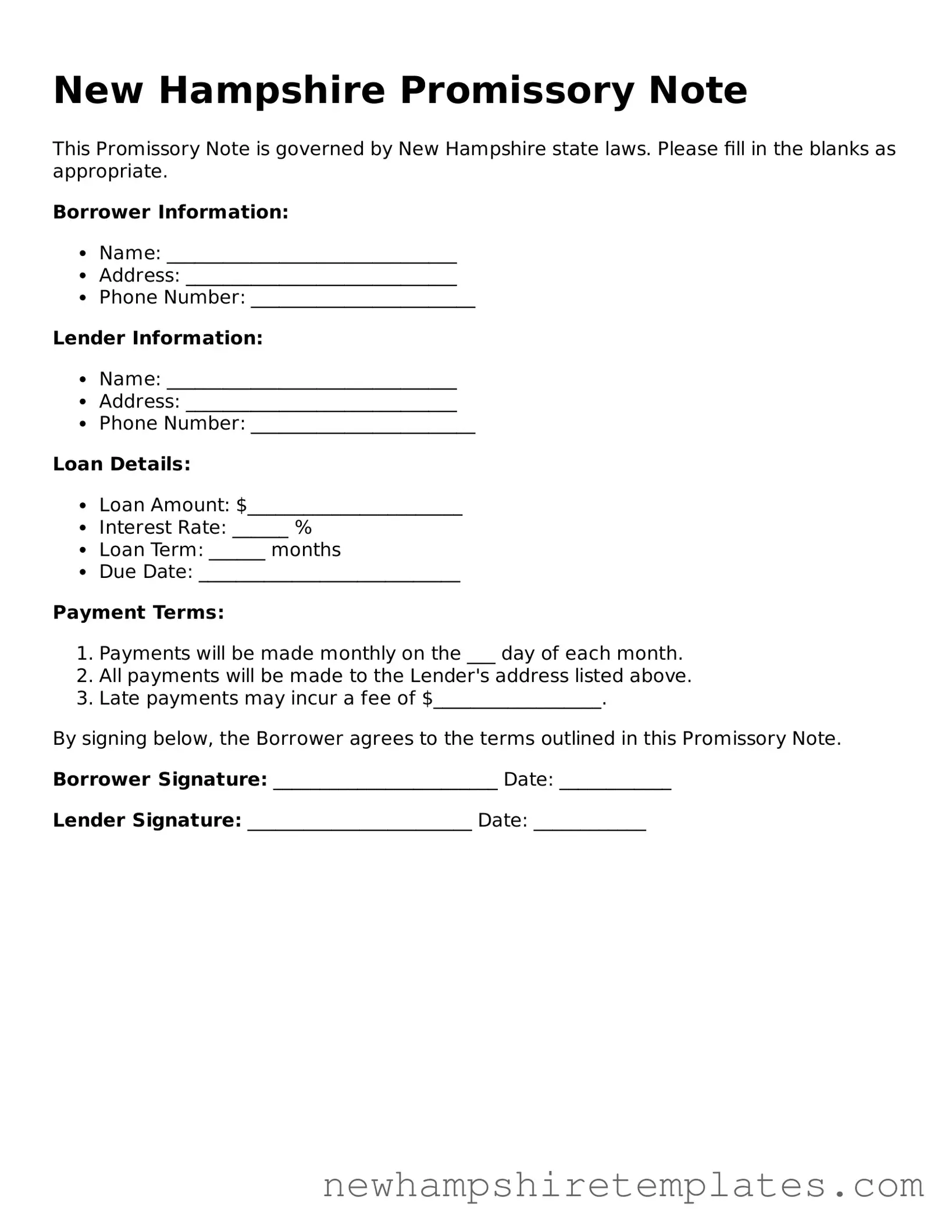 Official Promissory Note Form for the State of New Hampshire