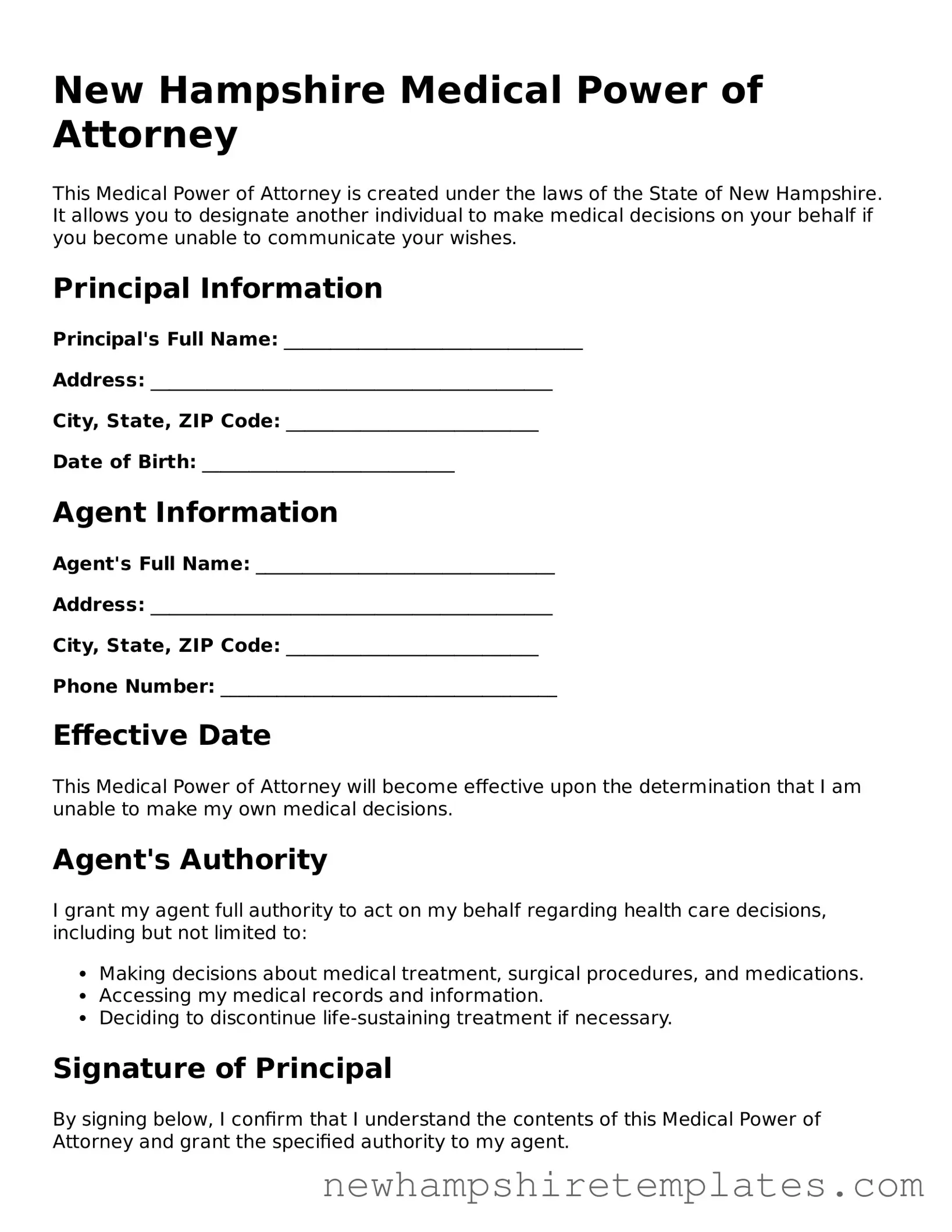 Official Medical Power of Attorney Form for the State of New Hampshire