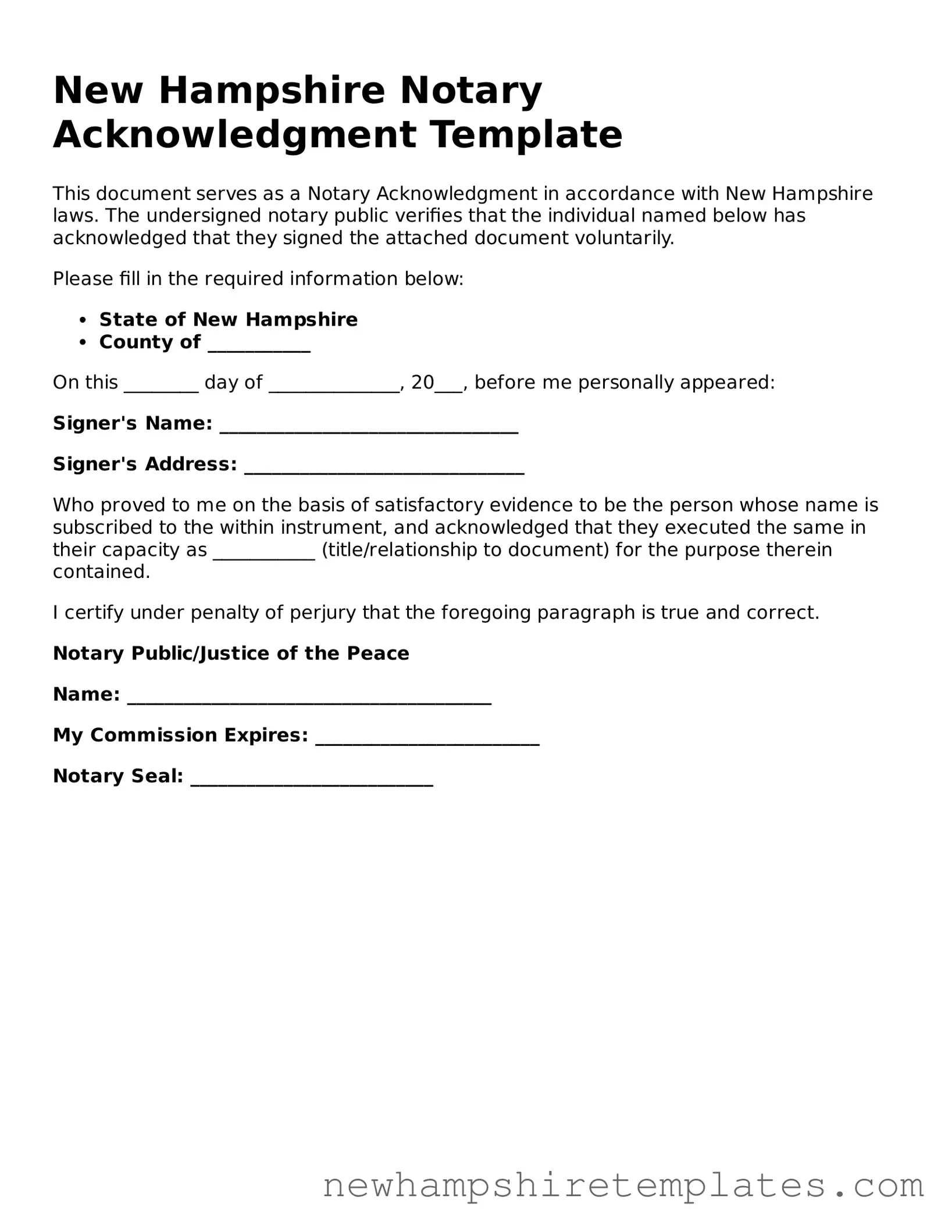 Official Notary Acknowledgement Form for the State of New Hampshire