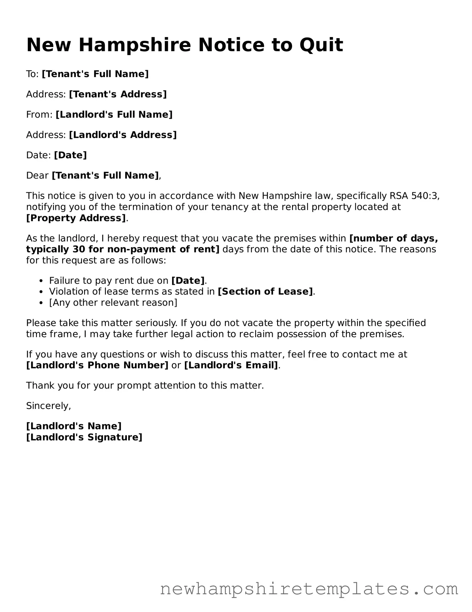 Official Notice to Quit Form for the State of New Hampshire