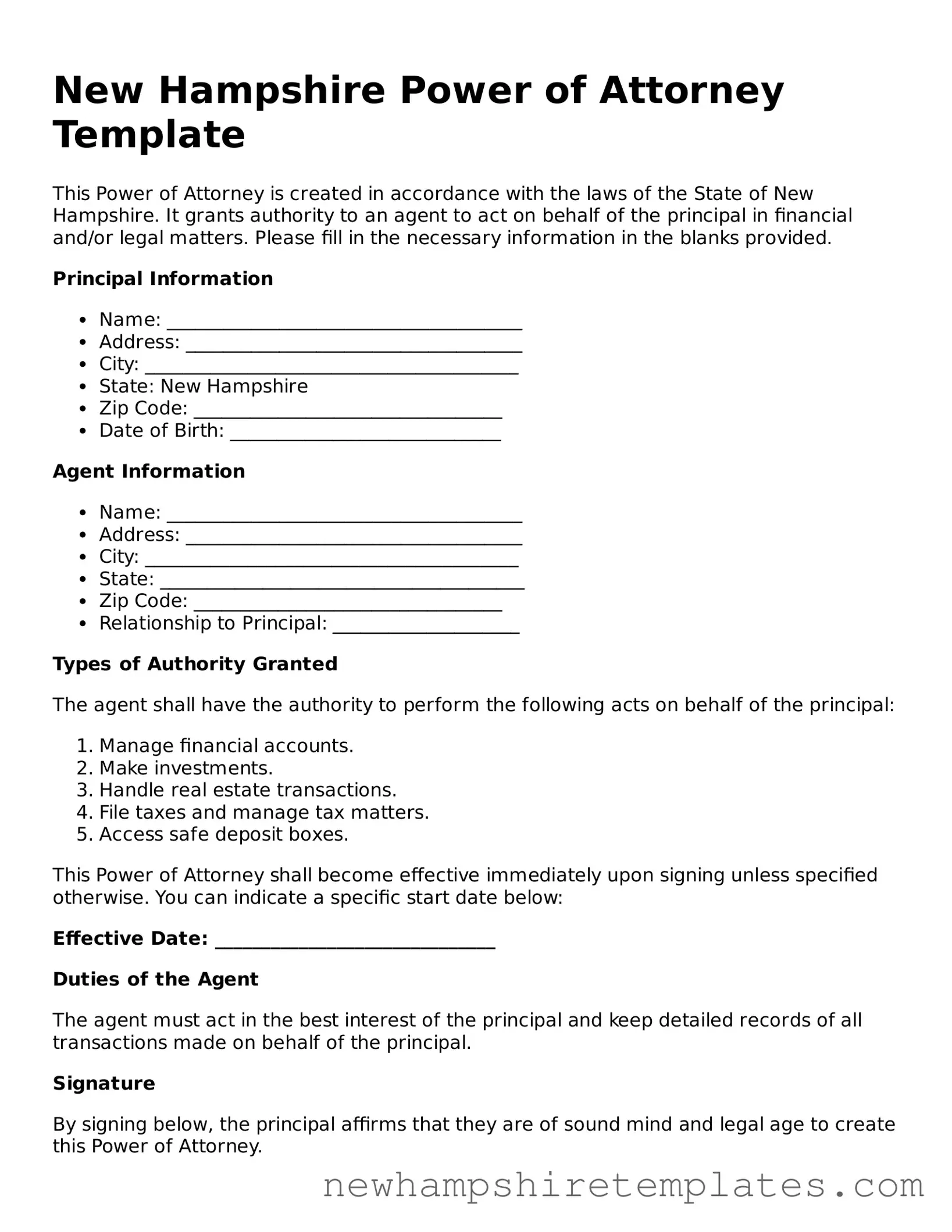 Official Power of Attorney Form for the State of New Hampshire
