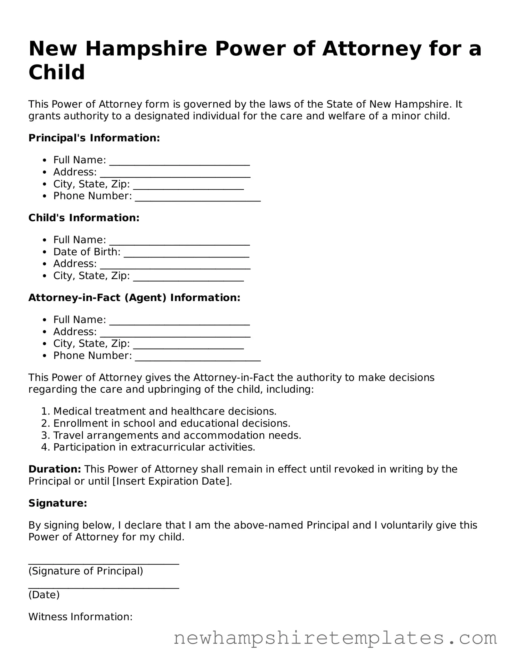 Official Power of Attorney for a Child Form for the State of New Hampshire