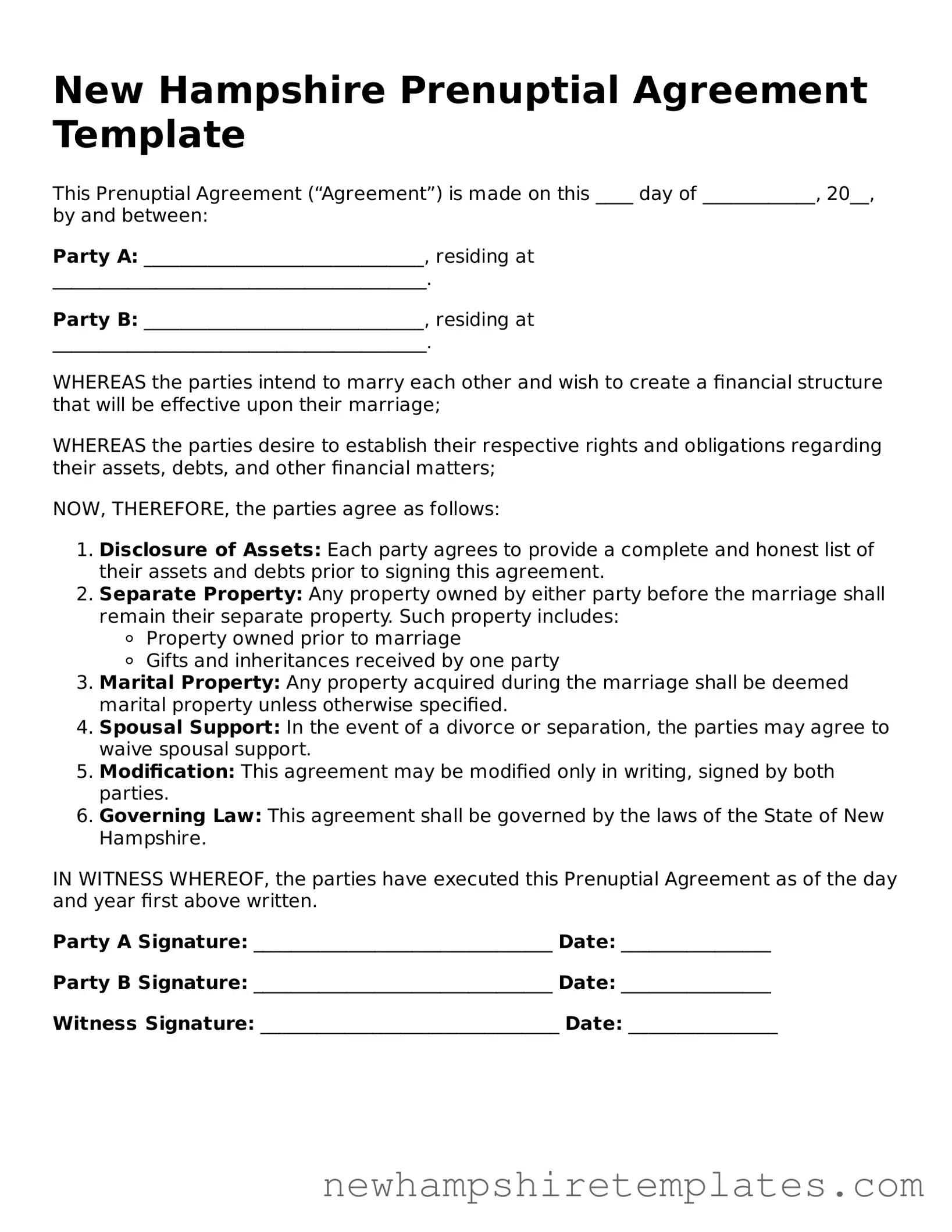Official Prenuptial Agreement Form for the State of New Hampshire