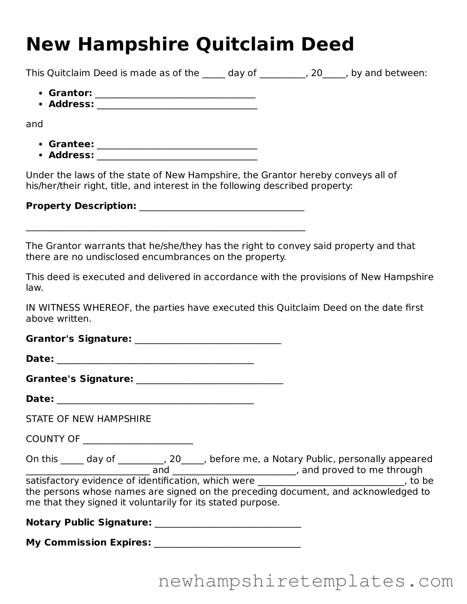 Official Quitclaim Deed Form for the State of New Hampshire