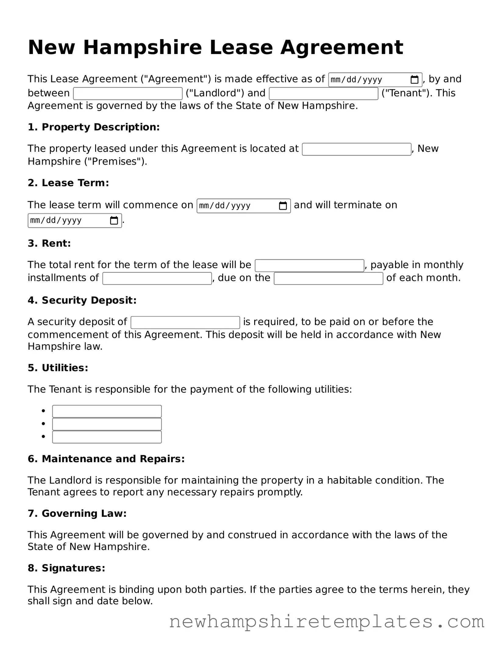 Official Lease Agreement Form for the State of New Hampshire