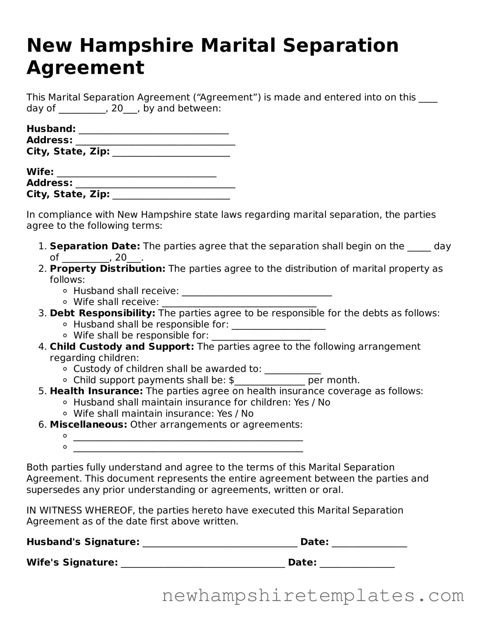 Official Marital Separation Agreement Form for the State of New Hampshire