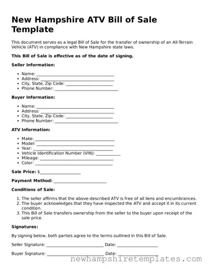 Official ATV Bill of Sale Form for the State of New Hampshire