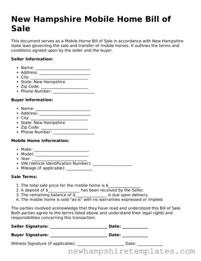 Official Mobile Home Bill of Sale Form for the State of New Hampshire
