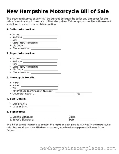Official Motorcycle Bill of Sale Form for the State of New Hampshire