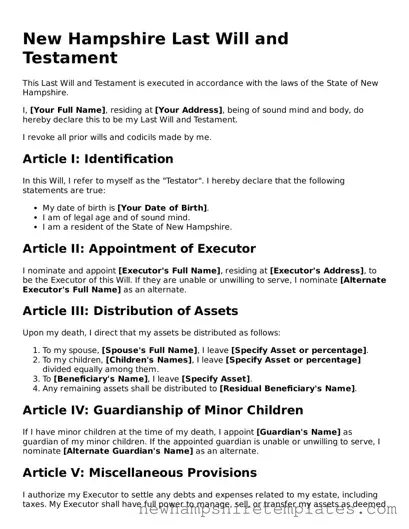 Official Last Will and Testament Form for the State of New Hampshire