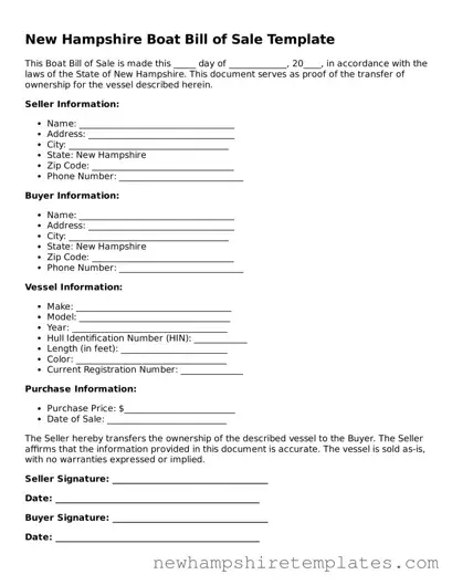 Official Boat Bill of Sale Form for the State of New Hampshire